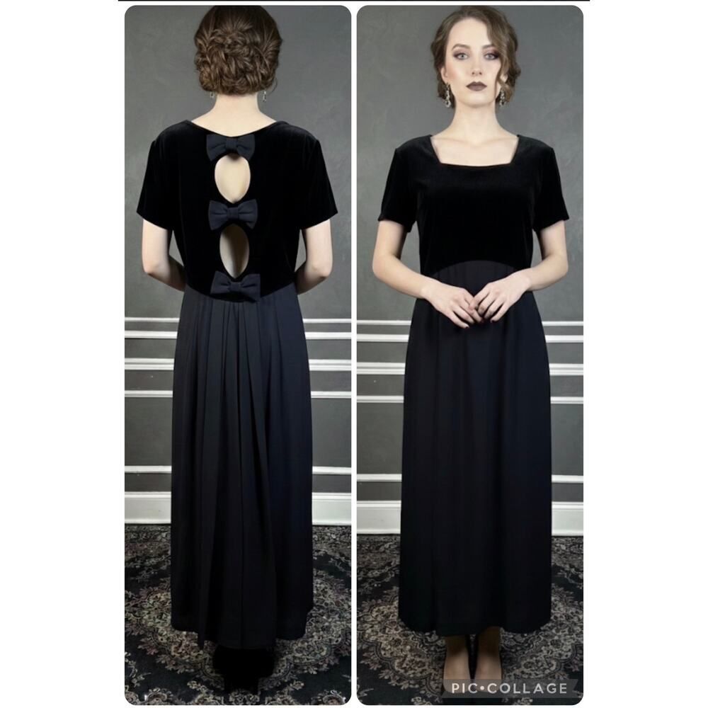 VTG 90s Jeffrey & Dara Velvet Maxi Dress All Black Bow Back Cutout Whimsigoth L